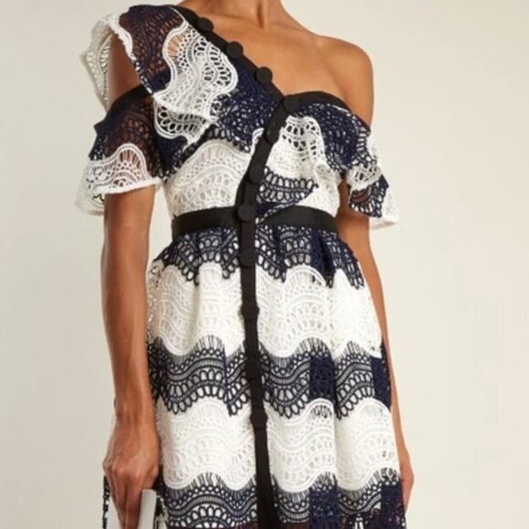 Self-Portrait White Blue Guipure Lace One Shoulder Cocktail Mini Dress - Picture 2 of 9